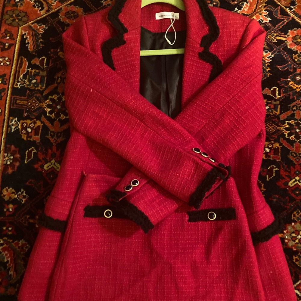 Alessandra Rich Wool Red Skirt Set with Black Accents - Picture 7 of 15